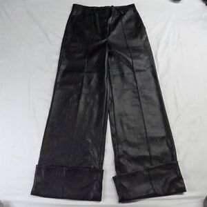 NWOT Elegant Black High Rise Vegan Leather Super Cuffed Wide Leg  Pants Sz 10